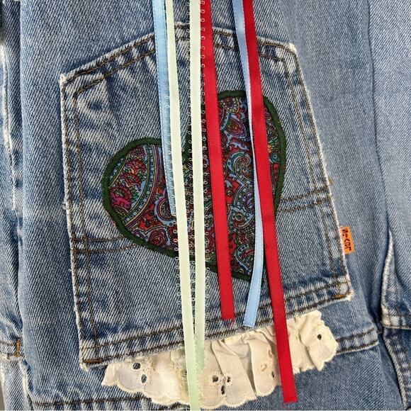 HANDMADE Vintage OOAK Upcycled Funky Unique Denim Vest Tassle Beaded Lace Fringe - Picture 10 of 11